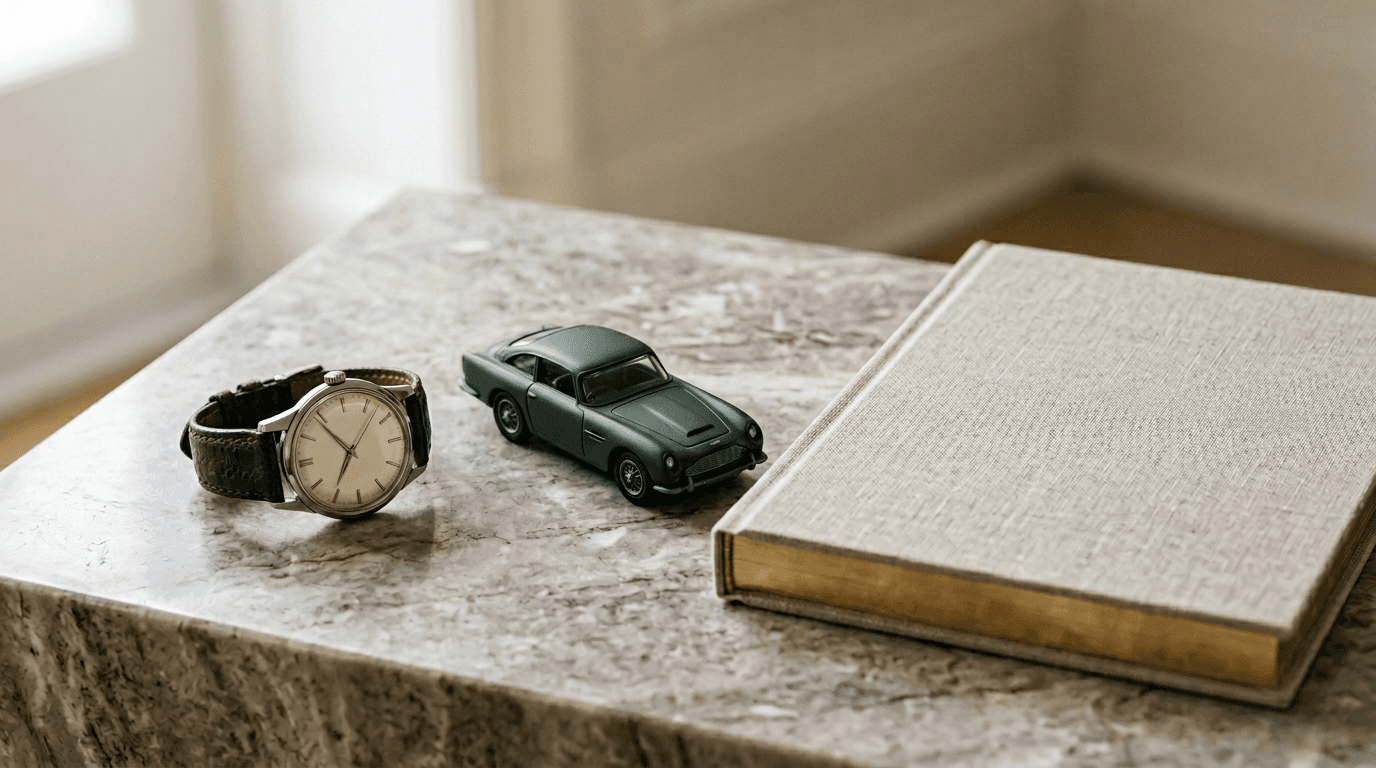 Still life: watch, model car, and art book on marble, soft editorial light