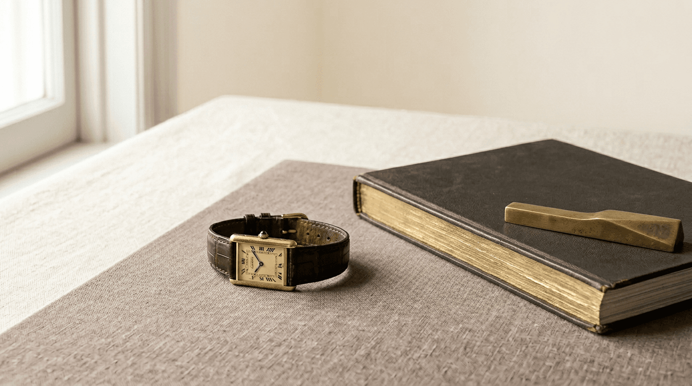 Curated still life: a fine watch beside a leather catalogue, soft natural light