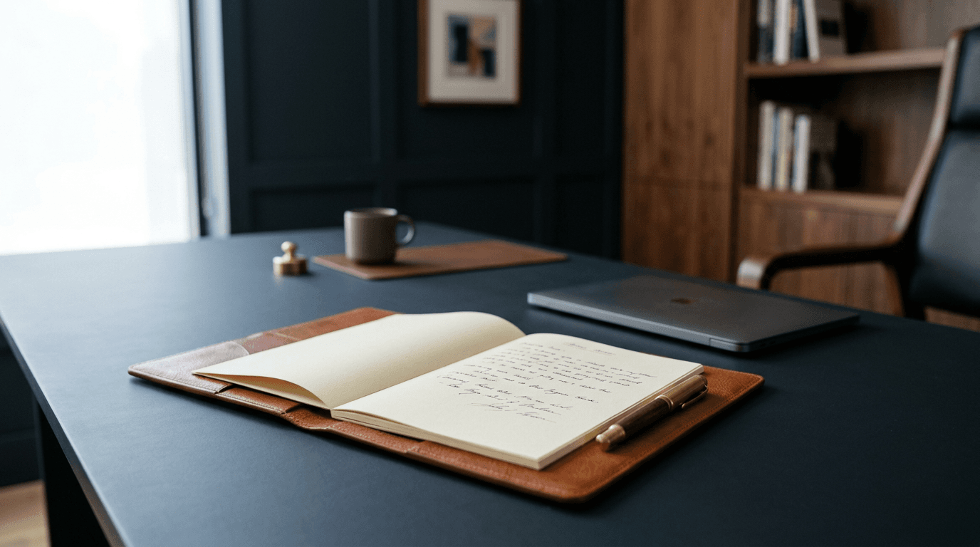 Private workspace with leather portfolio, notes, and discreet detail